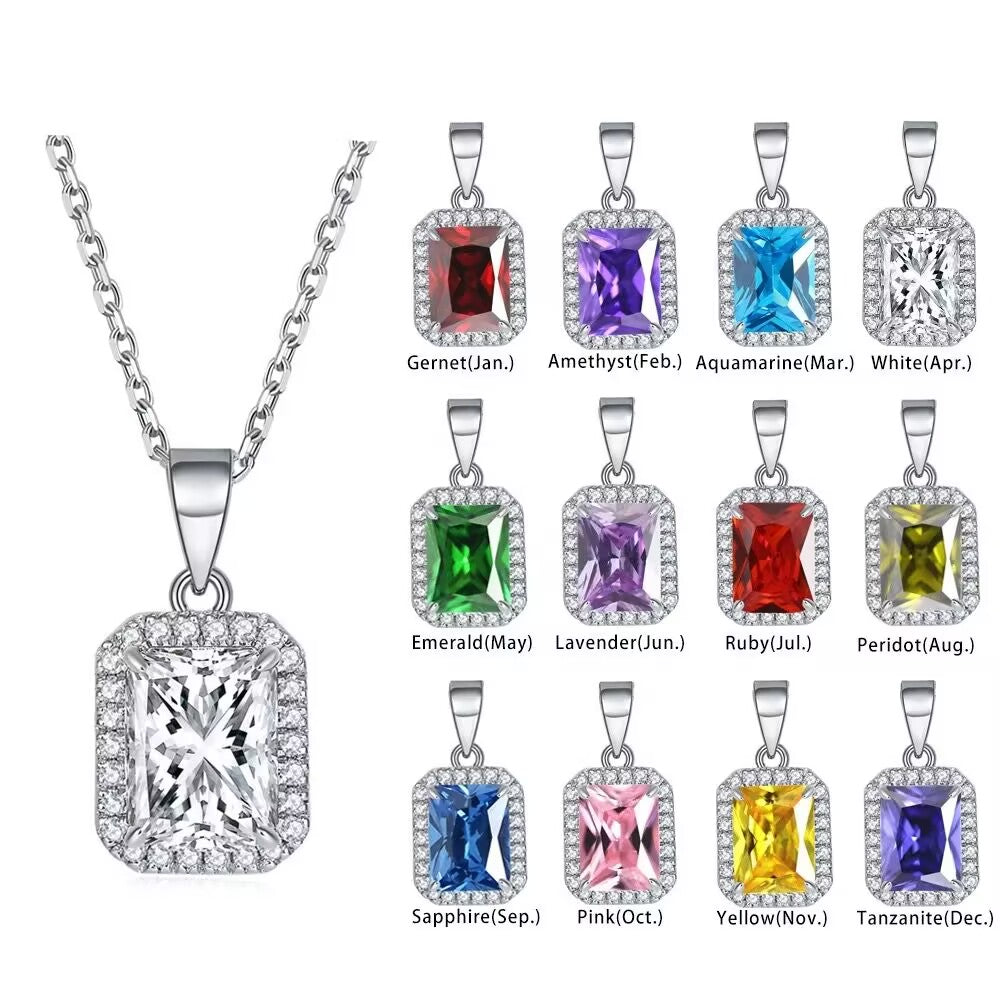 Custom Birthstone Pendant 925 Rhodium Plated Princess Cut Halo 925 Sterling Silver Necklaces for Women 9K 14K 18K GOLD 925 Silver CUSTOMIZED NECKLACE WITH LAB GROWN DIAMONDS AND LAB GROWN  COLOR STONES