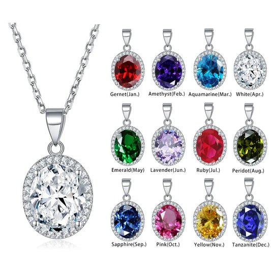 Custom Birthstone Pendant 925 Rhodium Plated Princess Cut Halo 925 Sterling Silver Necklaces for Women 9K 14K 18K GOLD 925 Silver CUSTOMIZED NECKLACE WITH LAB GROWN DIAMONDS AND LAB GROWN  COLOR STONES